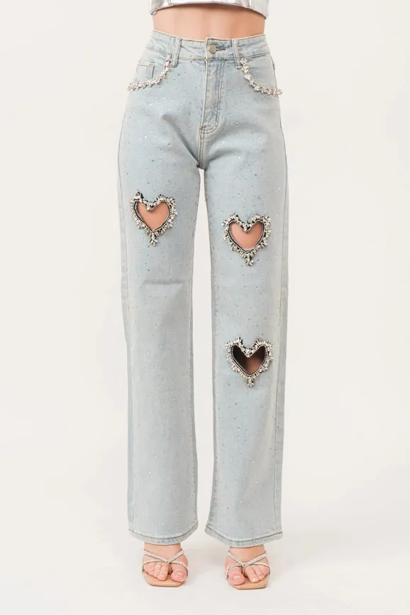 Heart Cut-Out Embellished Stretch Denim Pants