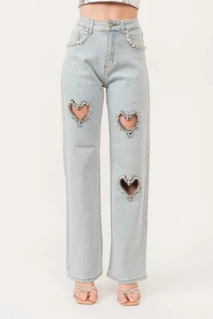 Heart Cut-Out Embellished Stretch Denim Pants