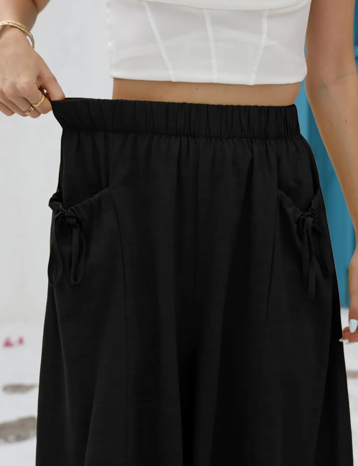 Hooever Women's Cotton Linen Culottes Pants Loose Wide Leg Capri Trousers with Big Pockets