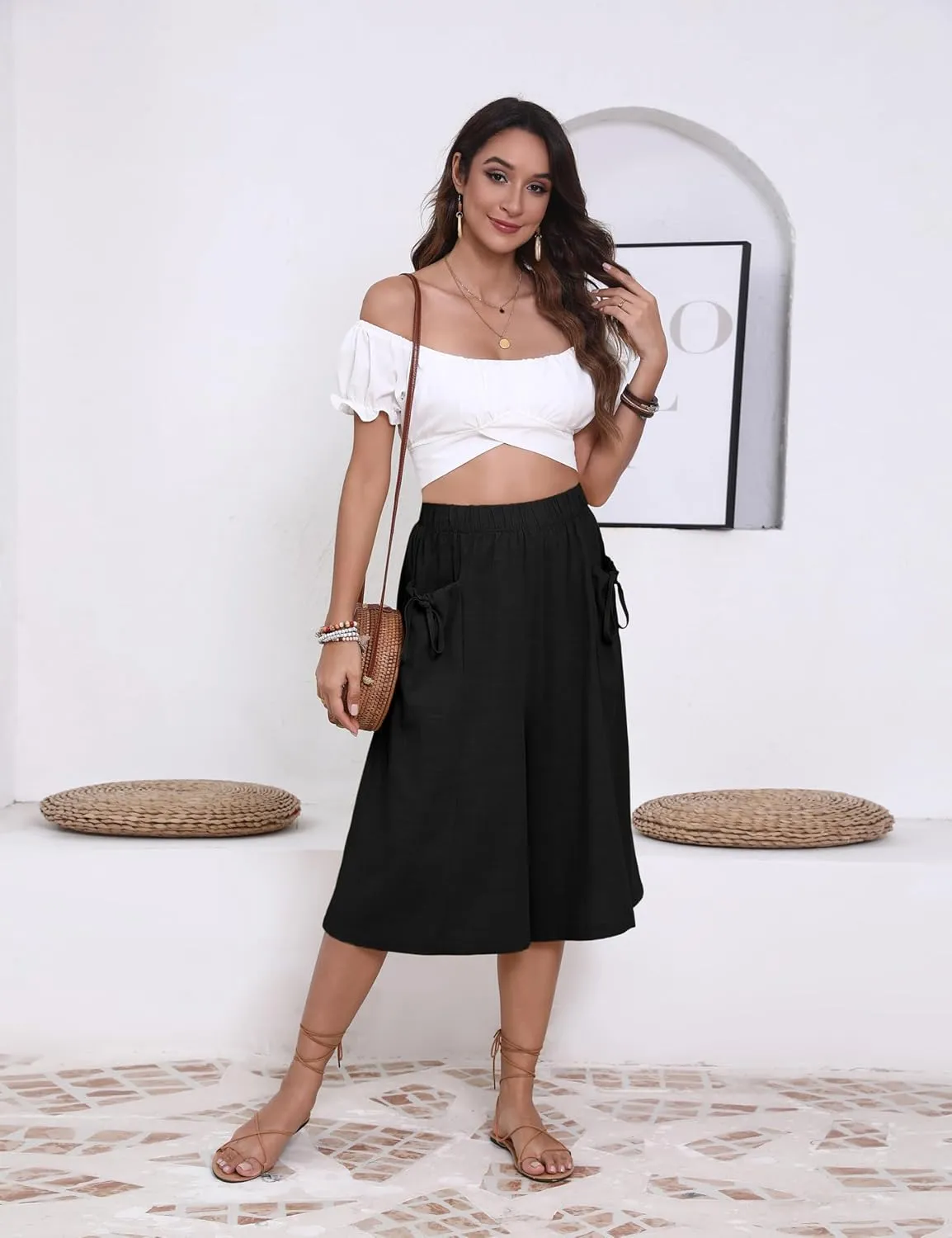 Hooever Women's Cotton Linen Culottes Pants Loose Wide Leg Capri Trousers with Big Pockets