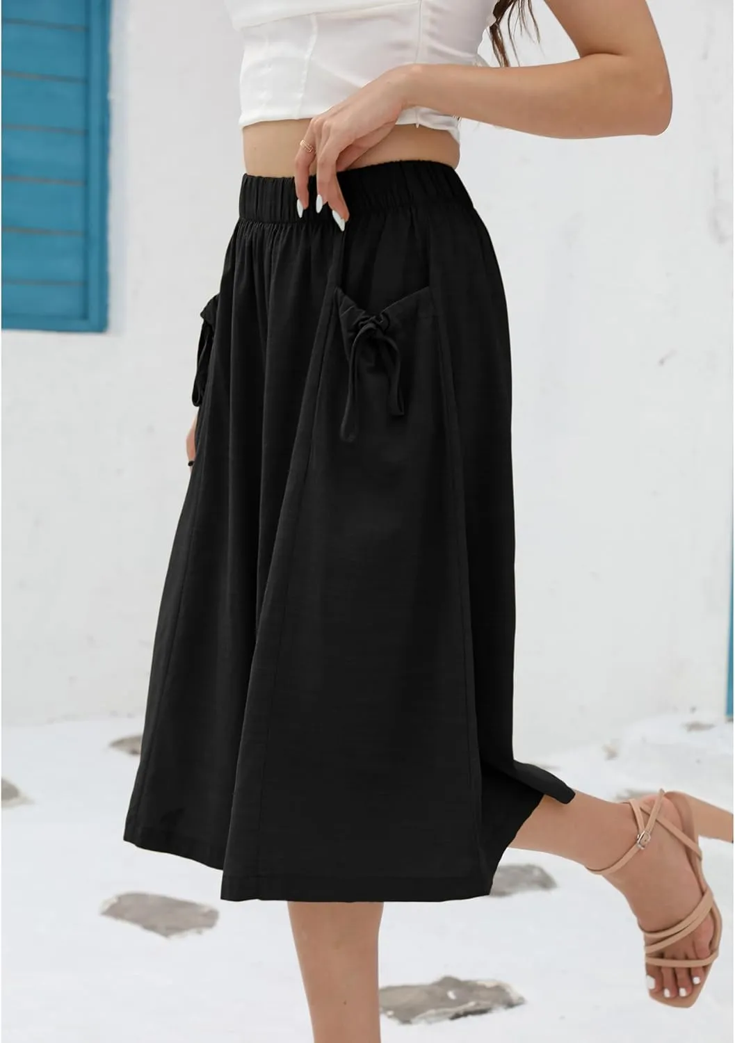 Hooever Women's Cotton Linen Culottes Pants Loose Wide Leg Capri Trousers with Big Pockets