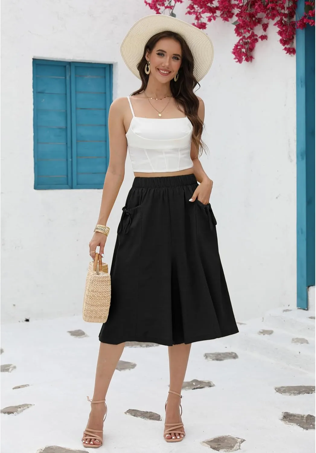 Hooever Women's Cotton Linen Culottes Pants Loose Wide Leg Capri Trousers with Big Pockets