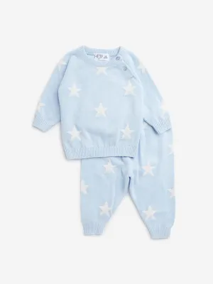HOP Baby Light Blue Printed Cotton Sweater with Joggers Set