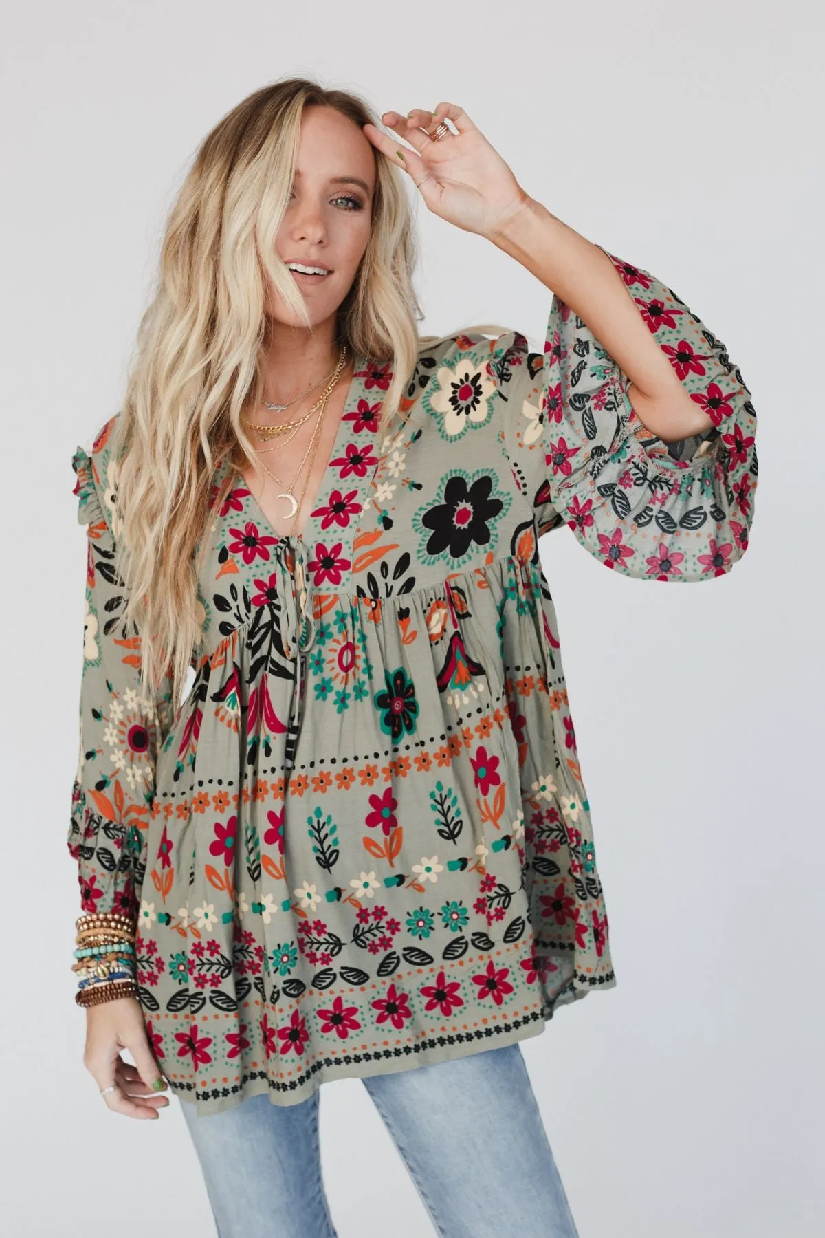 Leona Floral Print Tunic - Sage