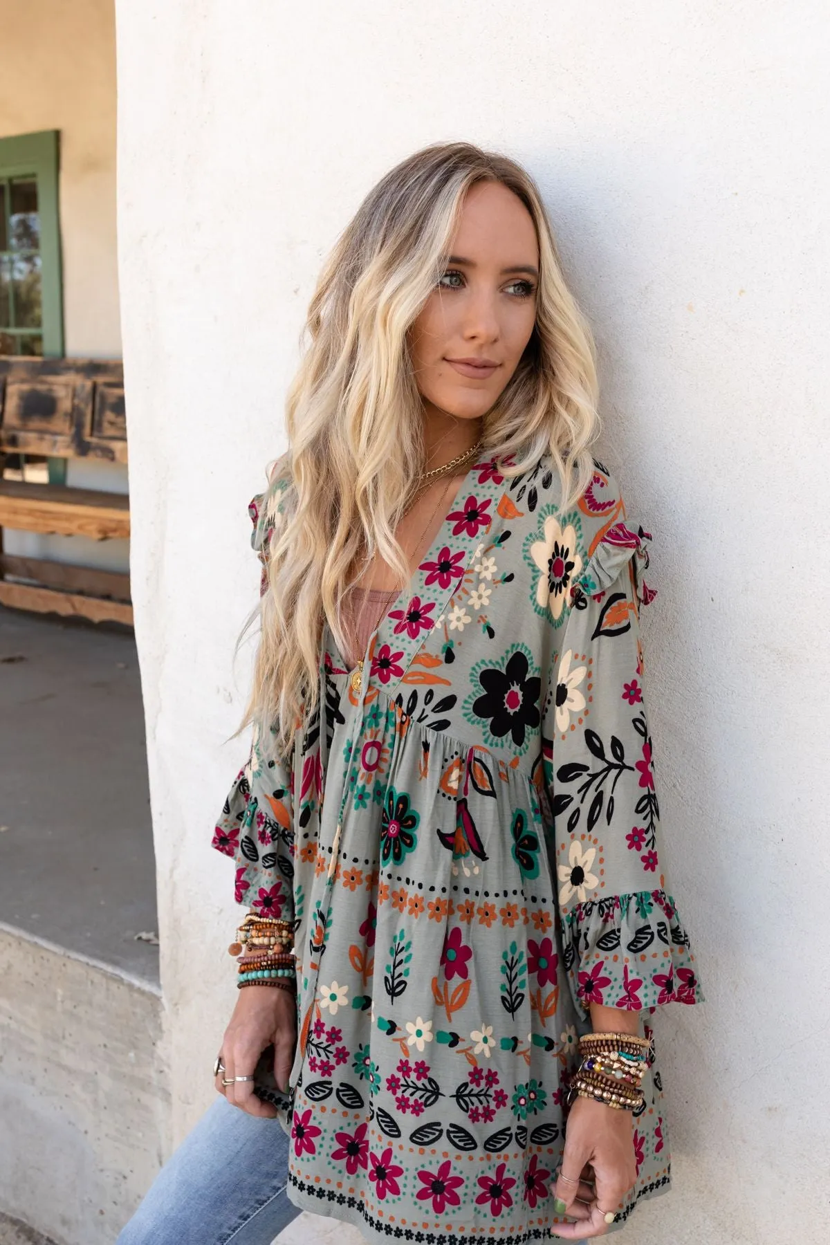 Leona Floral Print Tunic - Sage