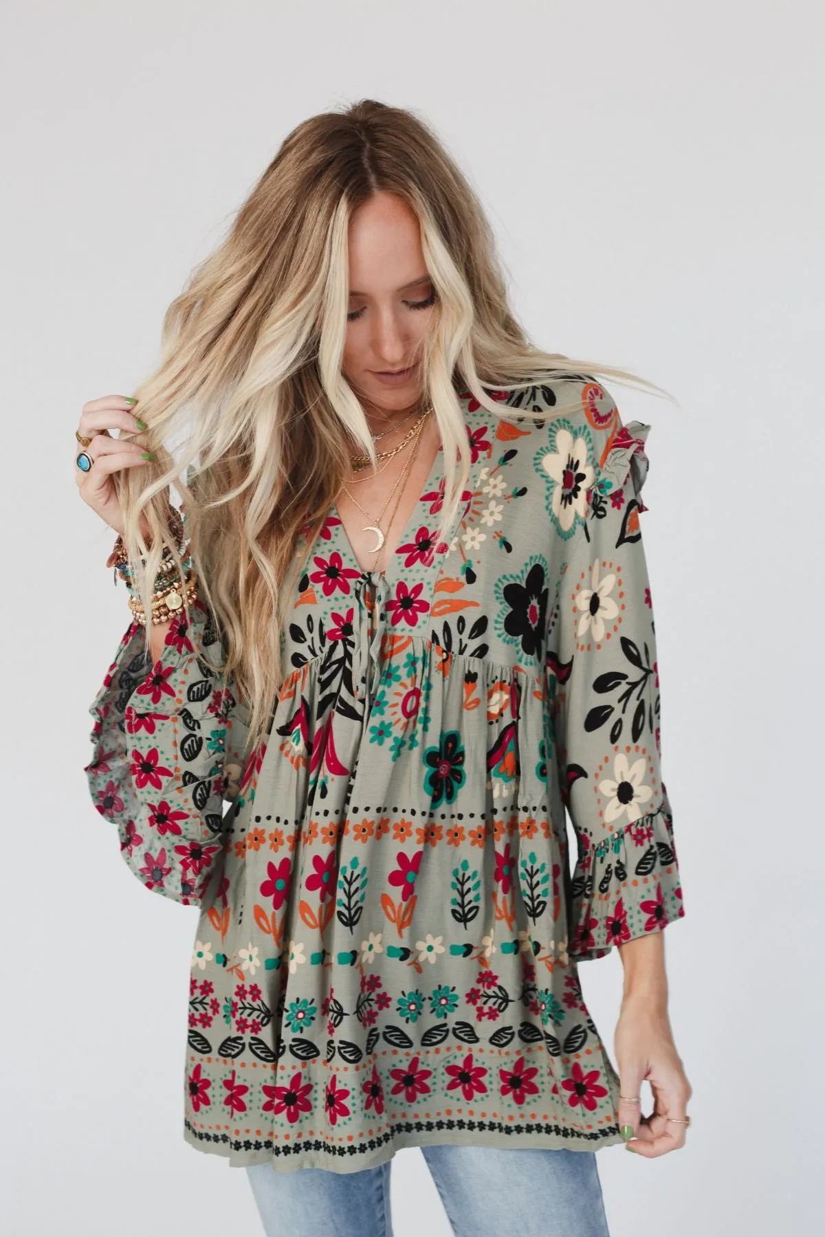 Leona Floral Print Tunic - Sage