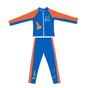 Little Surprise Box,2 pcs Shirt & Pants set LSB Blue & Orange Space Swimwear Full length for Kids with UPF 30 