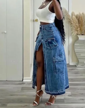 London High Waist Denim Cargo Skirt