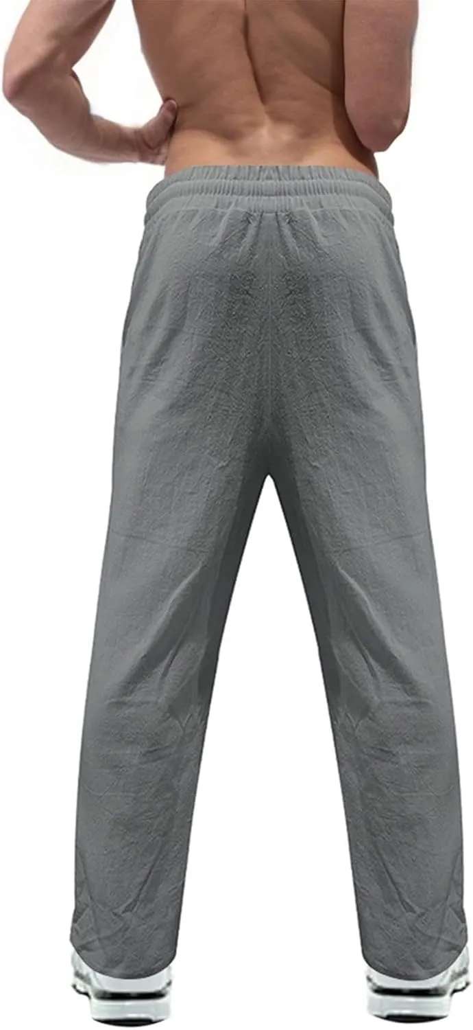 Mens Straight Leg Casual Solid Color Multi-Button Cotton and Linen Solid Color Pants 2025