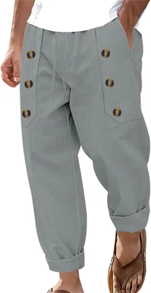 Mens Straight Leg Casual Solid Color Multi-Button Cotton and Linen Solid Color Pants 2025