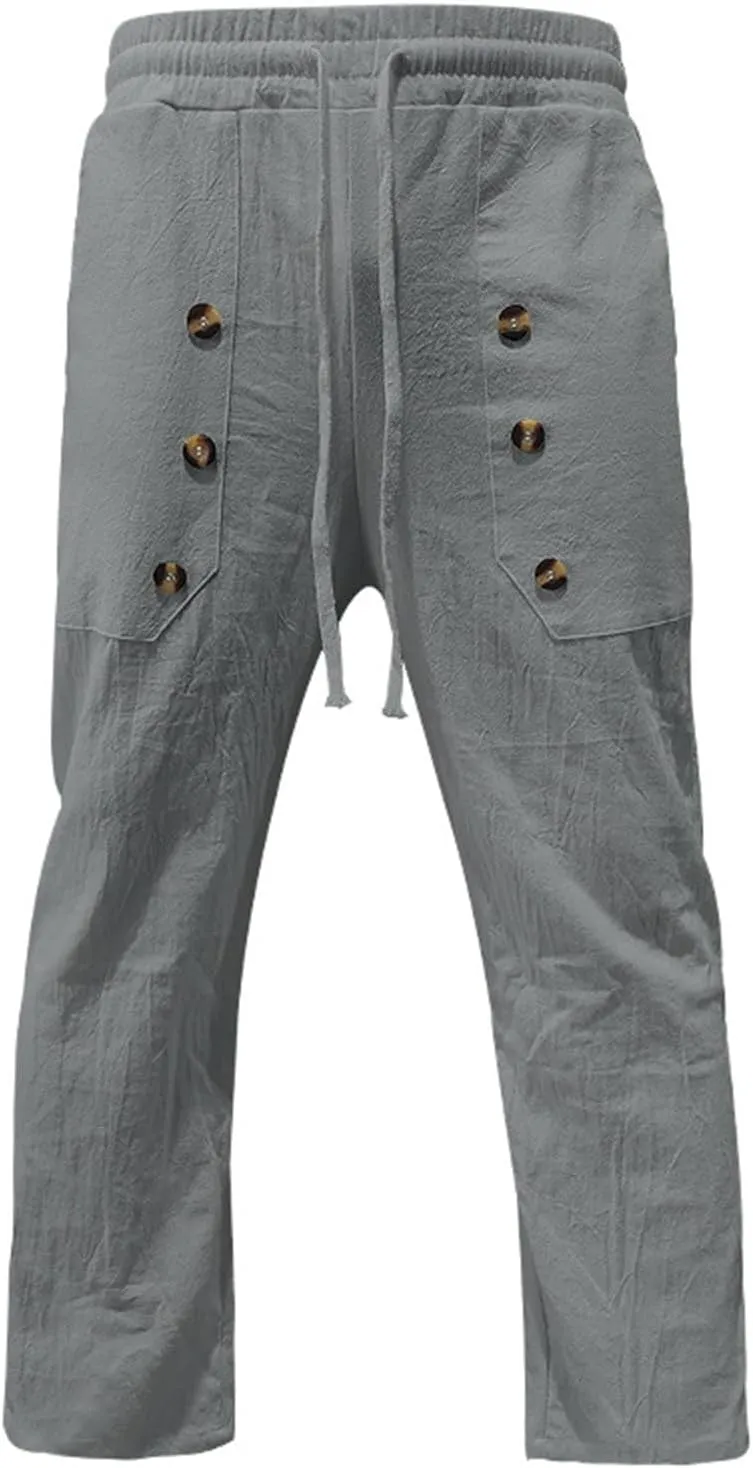 Mens Straight Leg Casual Solid Color Multi-Button Cotton and Linen Solid Color Pants 2025
