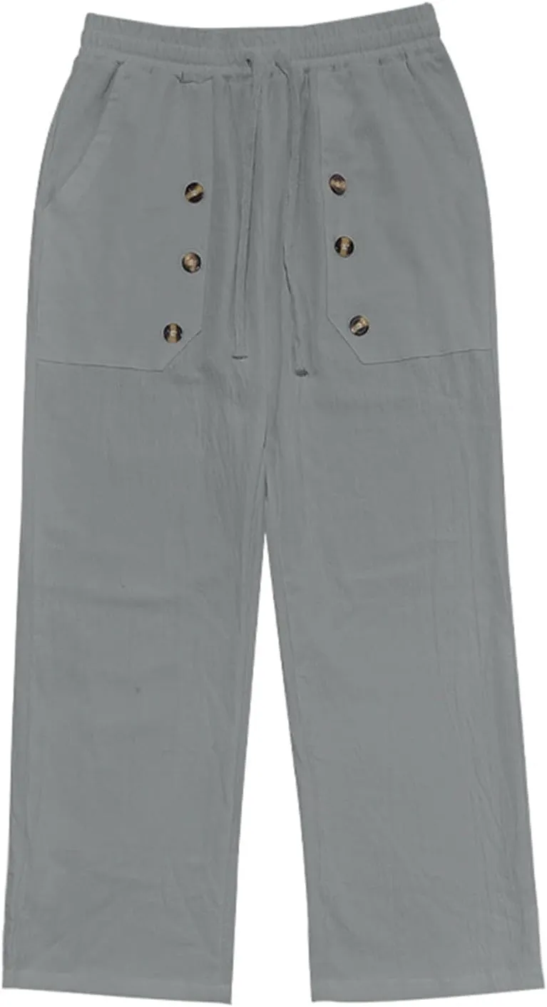 Mens Straight Leg Casual Solid Color Multi-Button Cotton and Linen Solid Color Pants 2025
