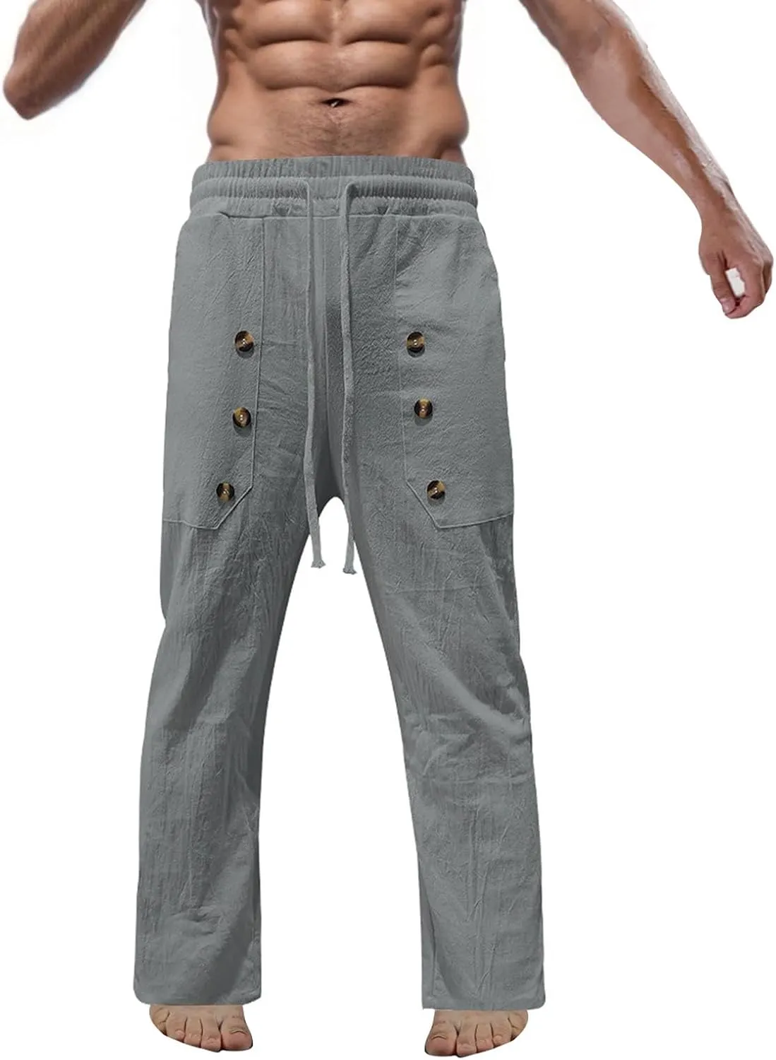 Mens Straight Leg Casual Solid Color Multi-Button Cotton and Linen Solid Color Pants 2025