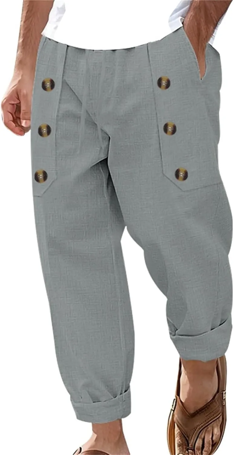 Mens Straight Leg Casual Solid Color Multi-Button Cotton and Linen Solid Color Pants 2025