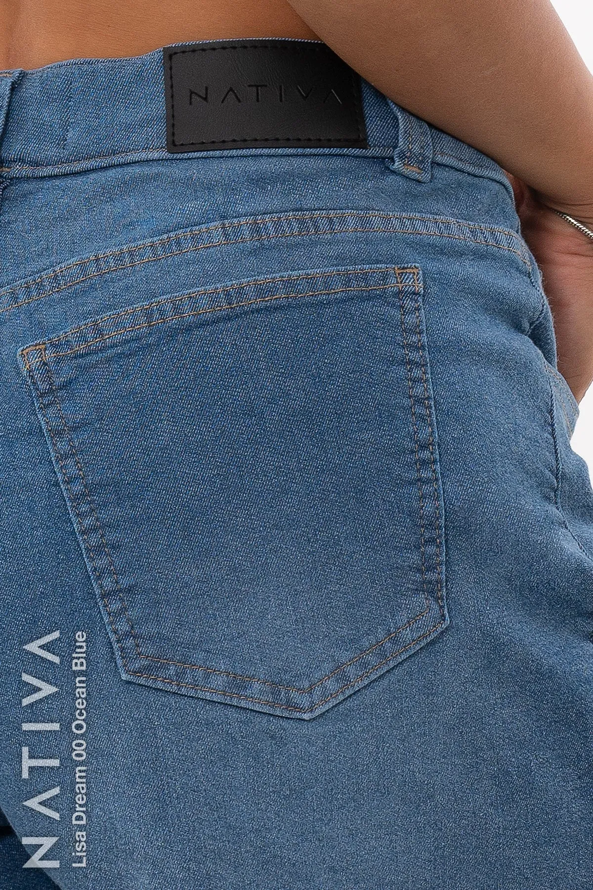 NATIVA, STRETCH JEANS. LISA DREAM 00 OCEAN BLUE, Extreme Stretch Flattering Denim (ESFD) fabrics, Ultra Comfortable, Hi-Rise Relaxed Mom Shorts