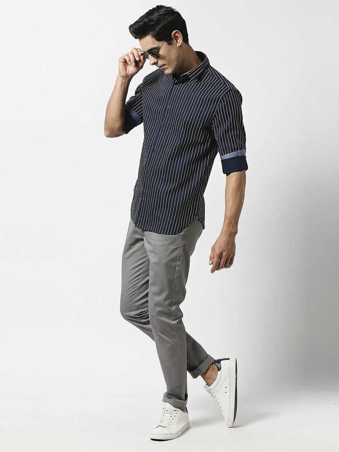 Navy Blue Oxford Pin Striped Shirt
