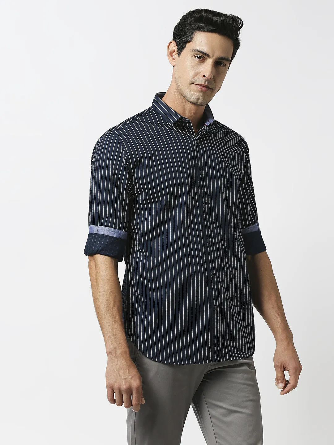 Navy Blue Oxford Pin Striped Shirt