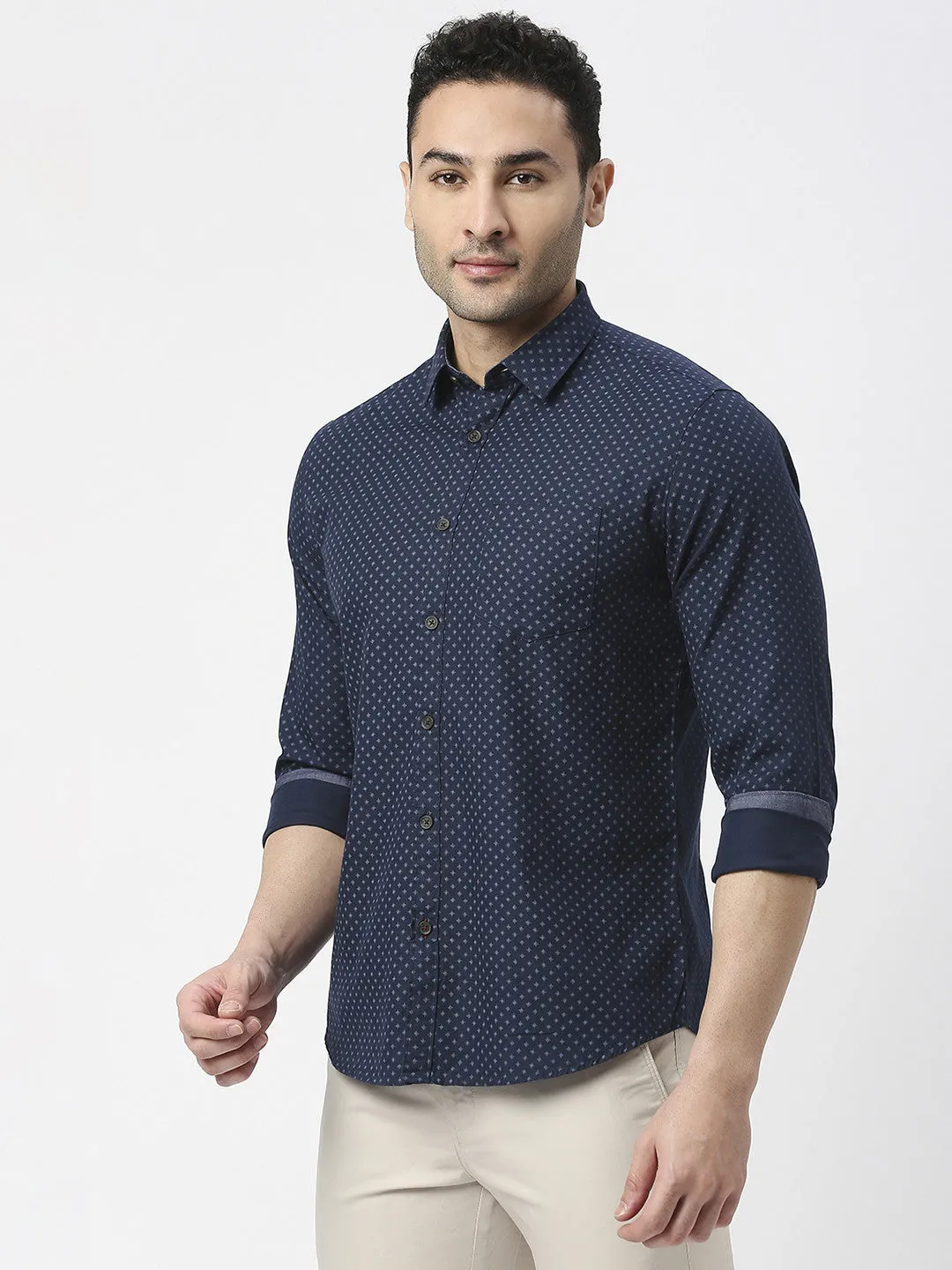 Navy Blue Poplin Printed Shirt With Pocket