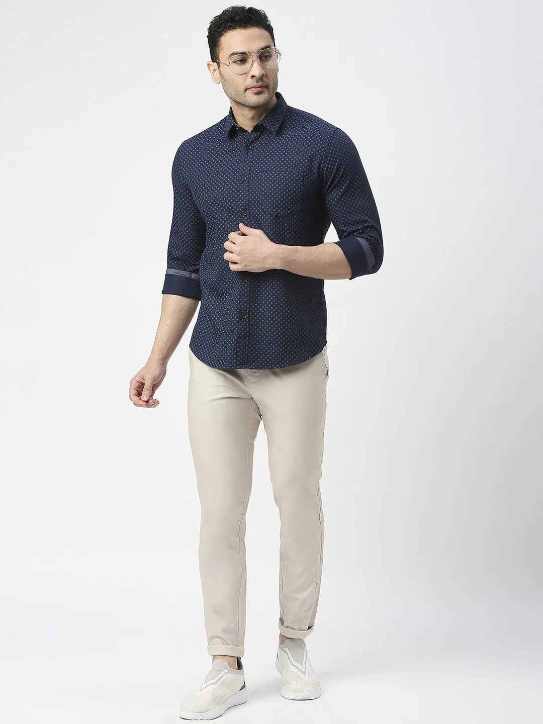 Navy Blue Poplin Printed Shirt With Pocket