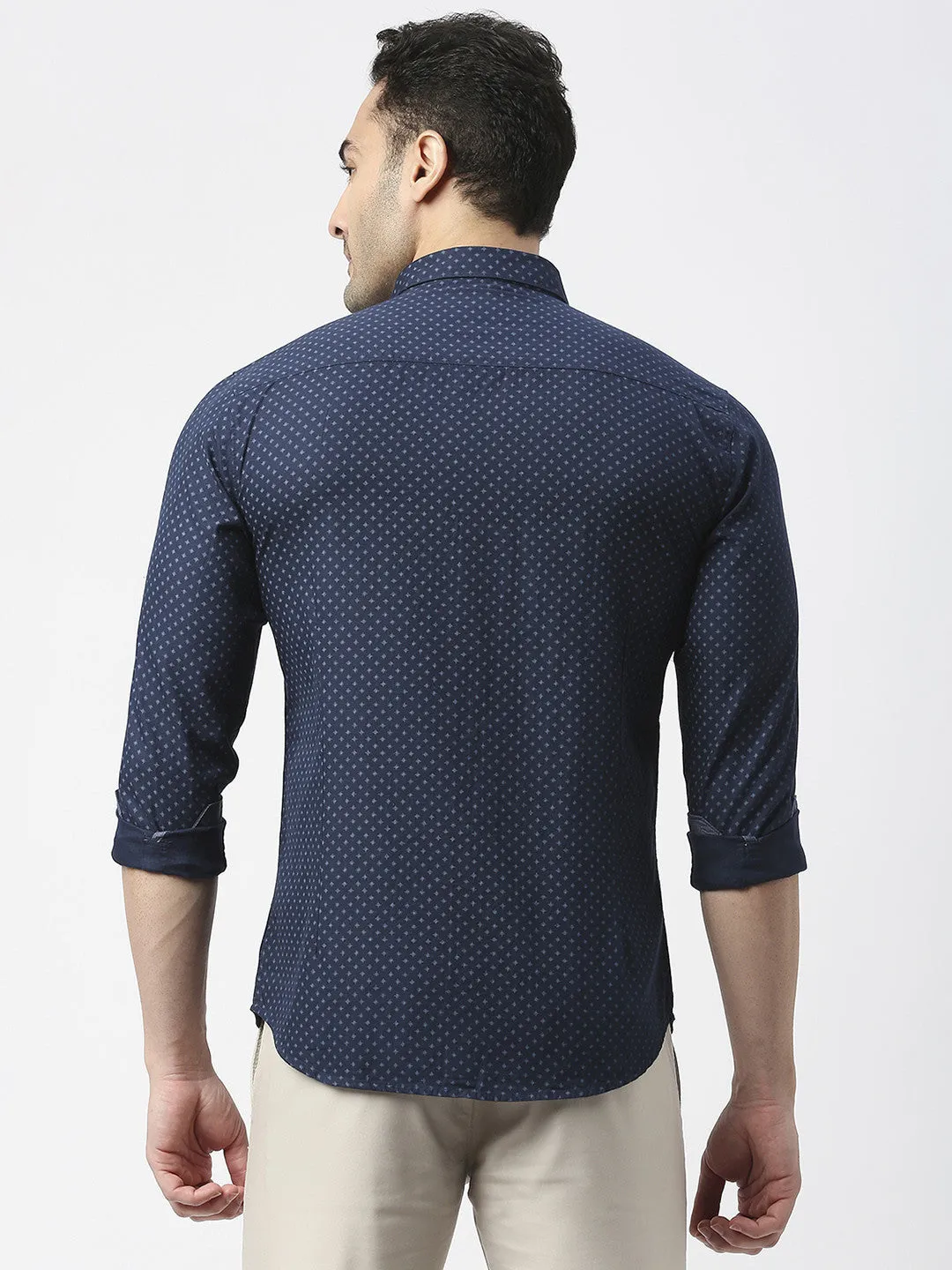 Navy Blue Poplin Printed Shirt With Pocket