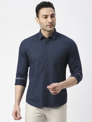 Navy Blue Poplin Printed Shirt With Pocket