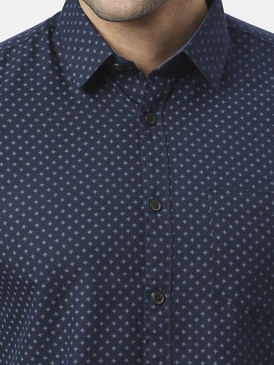 Navy Blue Poplin Printed Shirt With Pocket