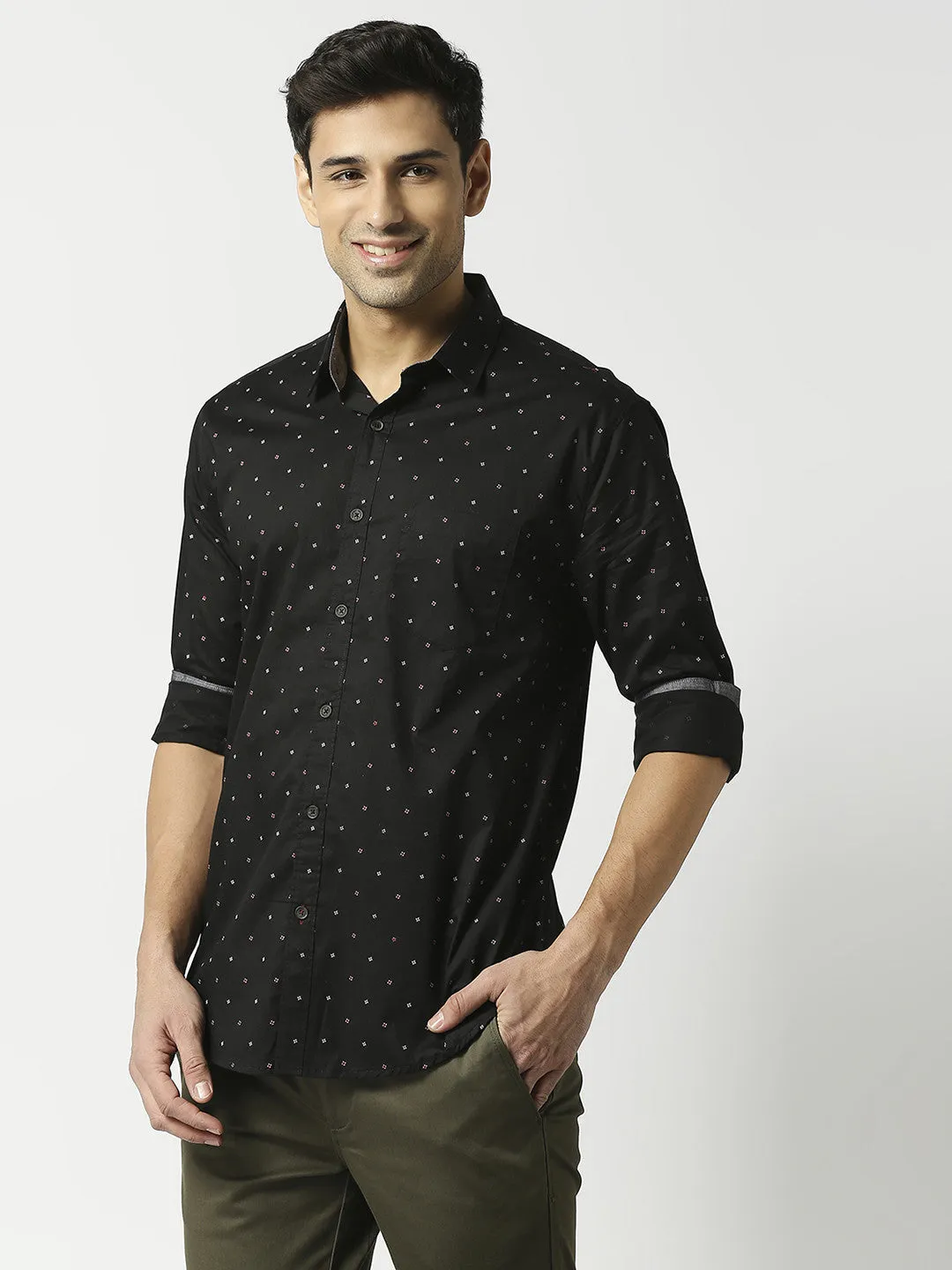 Navy Fine Twill Printed Shirt