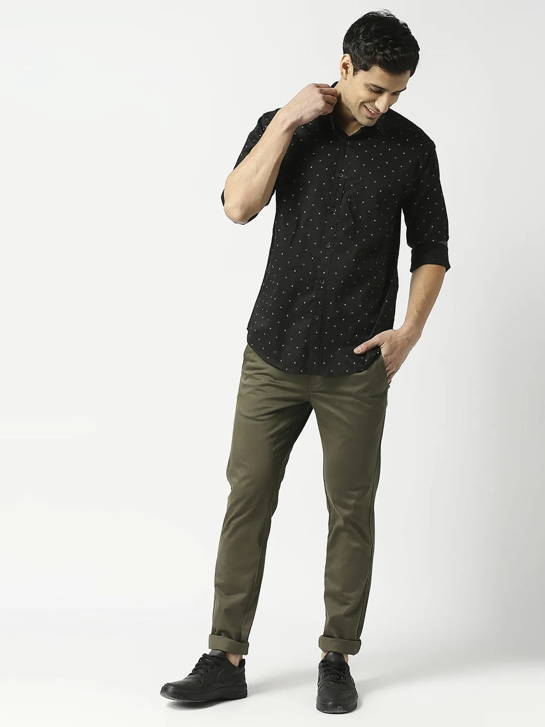 Navy Fine Twill Printed Shirt