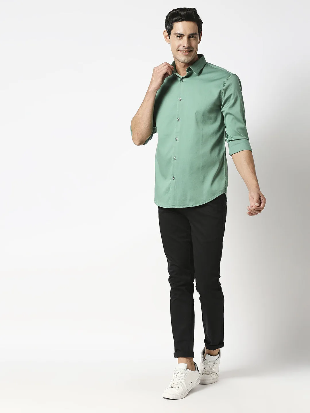Pearl Green Cotton Satin Lycra Solid Shirt