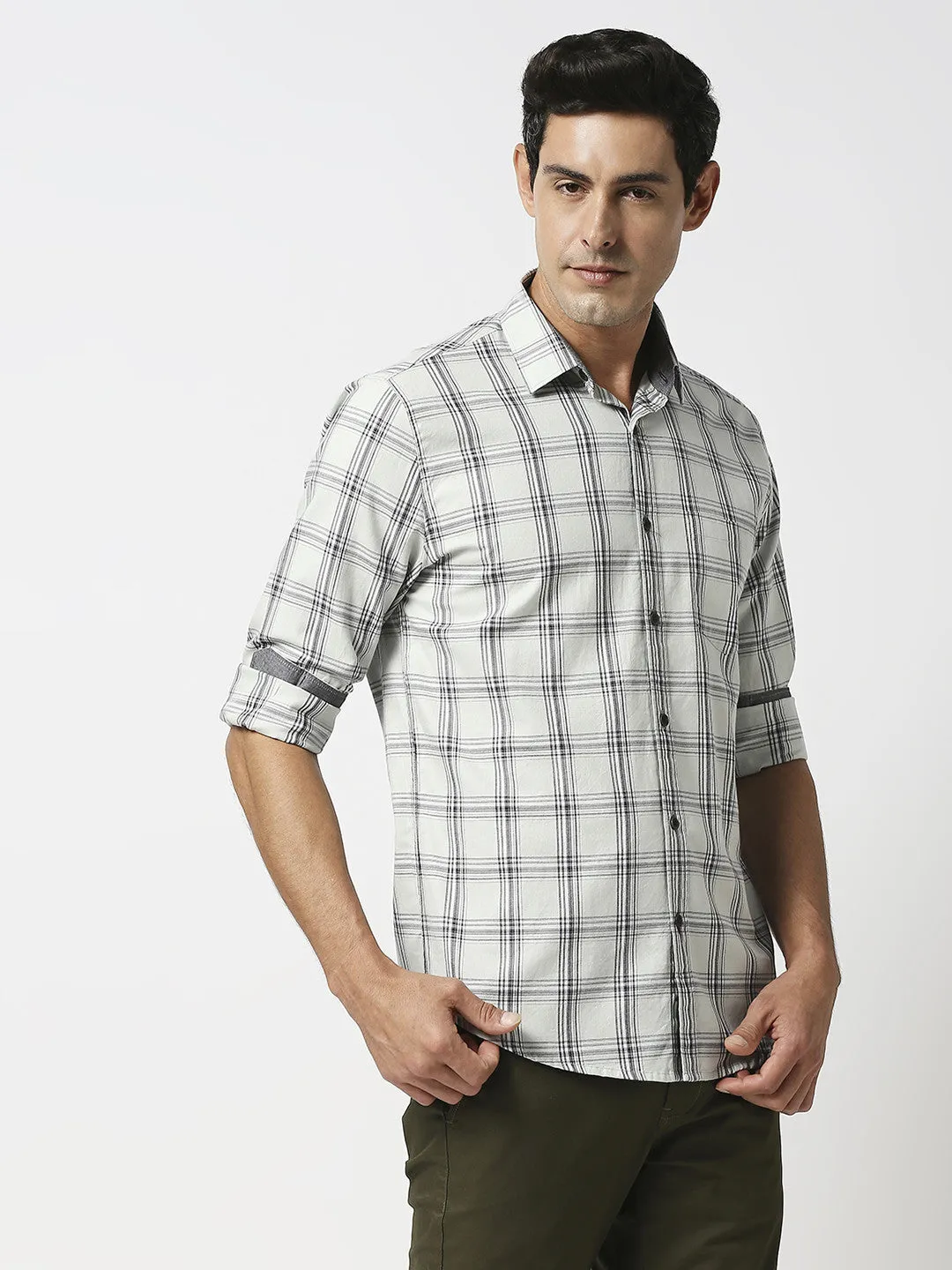 Pistachio Twill Checked Shirt With Pocket