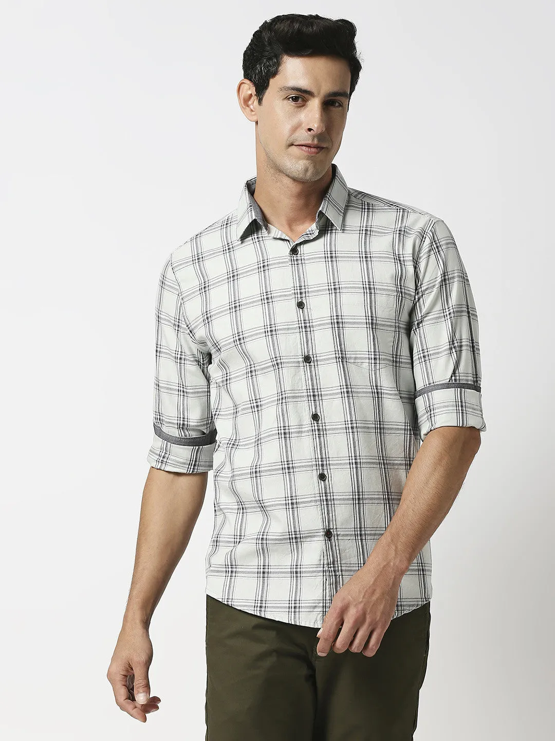 Pistachio Twill Checked Shirt With Pocket