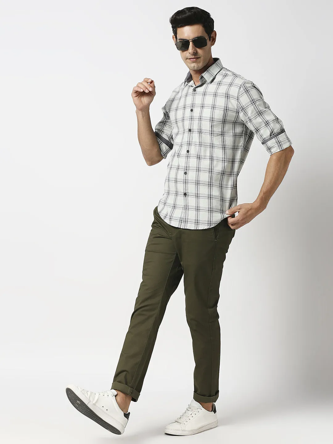 Pistachio Twill Checked Shirt With Pocket