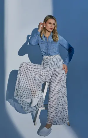 Polka Dot Pleated Chiffon Wide Leg Pants: High-Waisted and Regular Fit