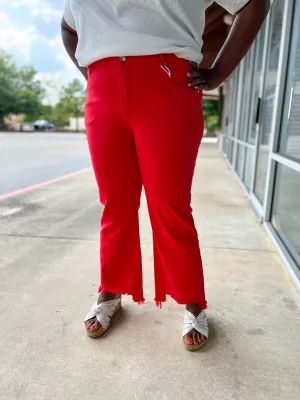 Risen Fiesta Curvy Red Mid Rise Cropped Flare Jeans with Raw Hem