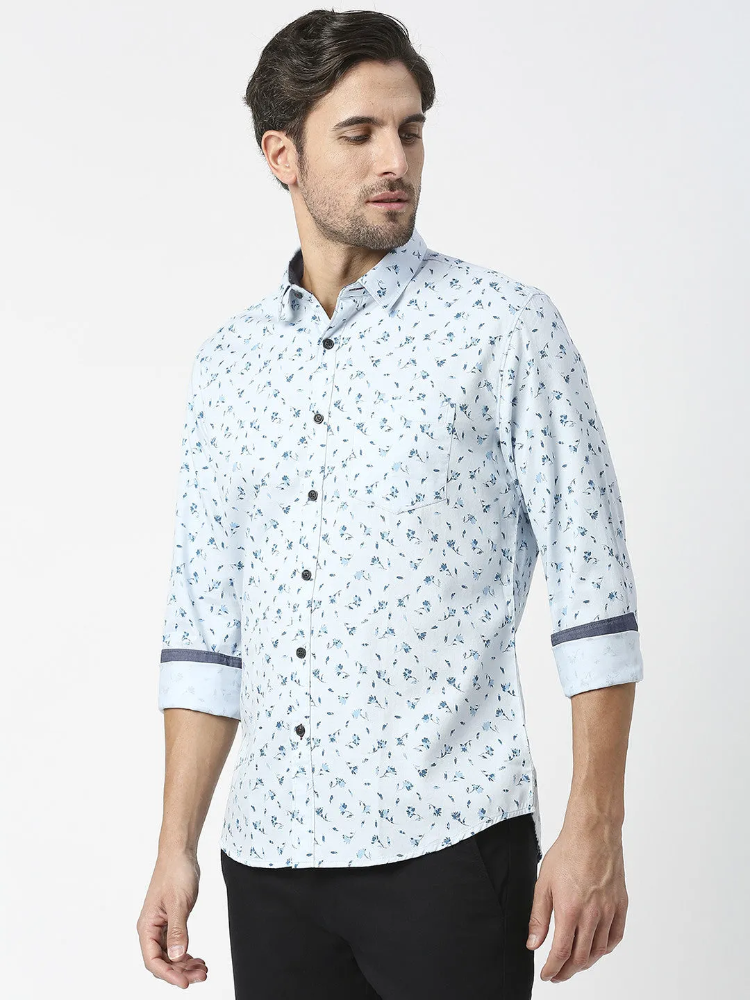 Sky Blue Premium Cotton Twill Printed Shirt