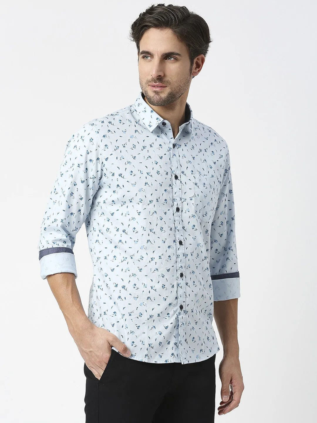 Sky Blue Premium Cotton Twill Printed Shirt