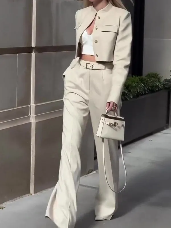 Solid Color Long-sleeved Top High-waisted Wide-leg Pants Suit for women
