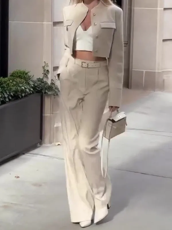 Solid Color Long-sleeved Top High-waisted Wide-leg Pants Suit for women