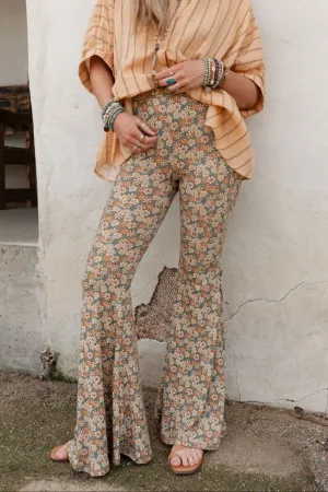 The Nest Dream in Flowers Flare Pants - Denim Khaki