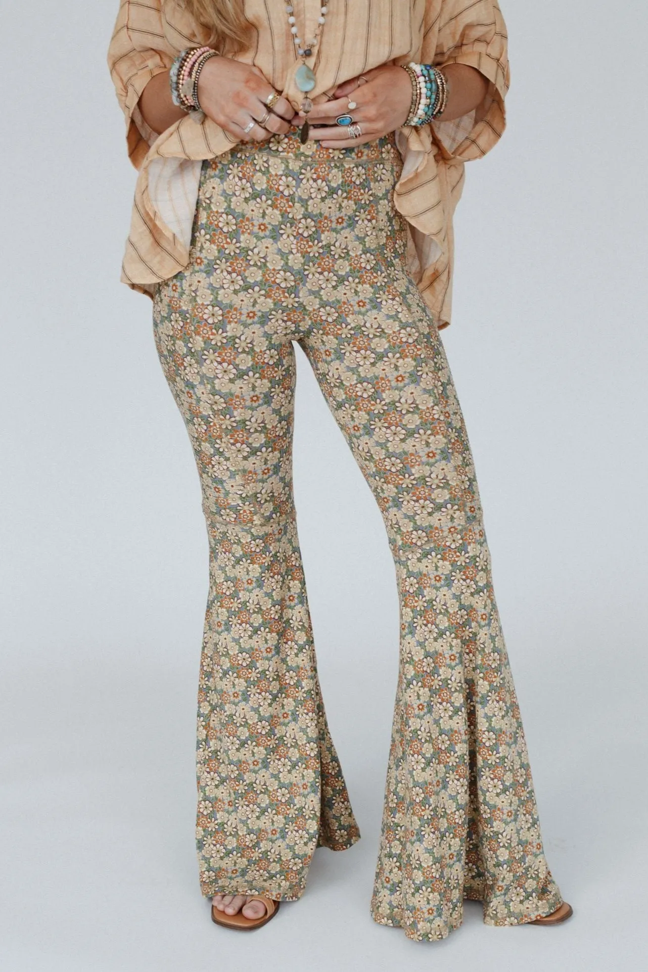 The Nest Dream in Flowers Flare Pants - Denim Khaki