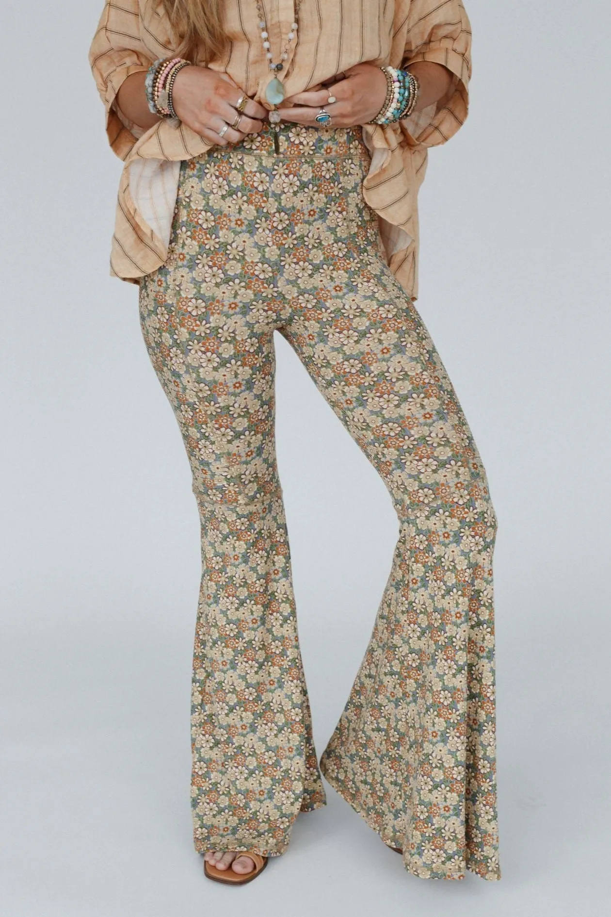 The Nest Dream in Flowers Flare Pants - Denim Khaki
