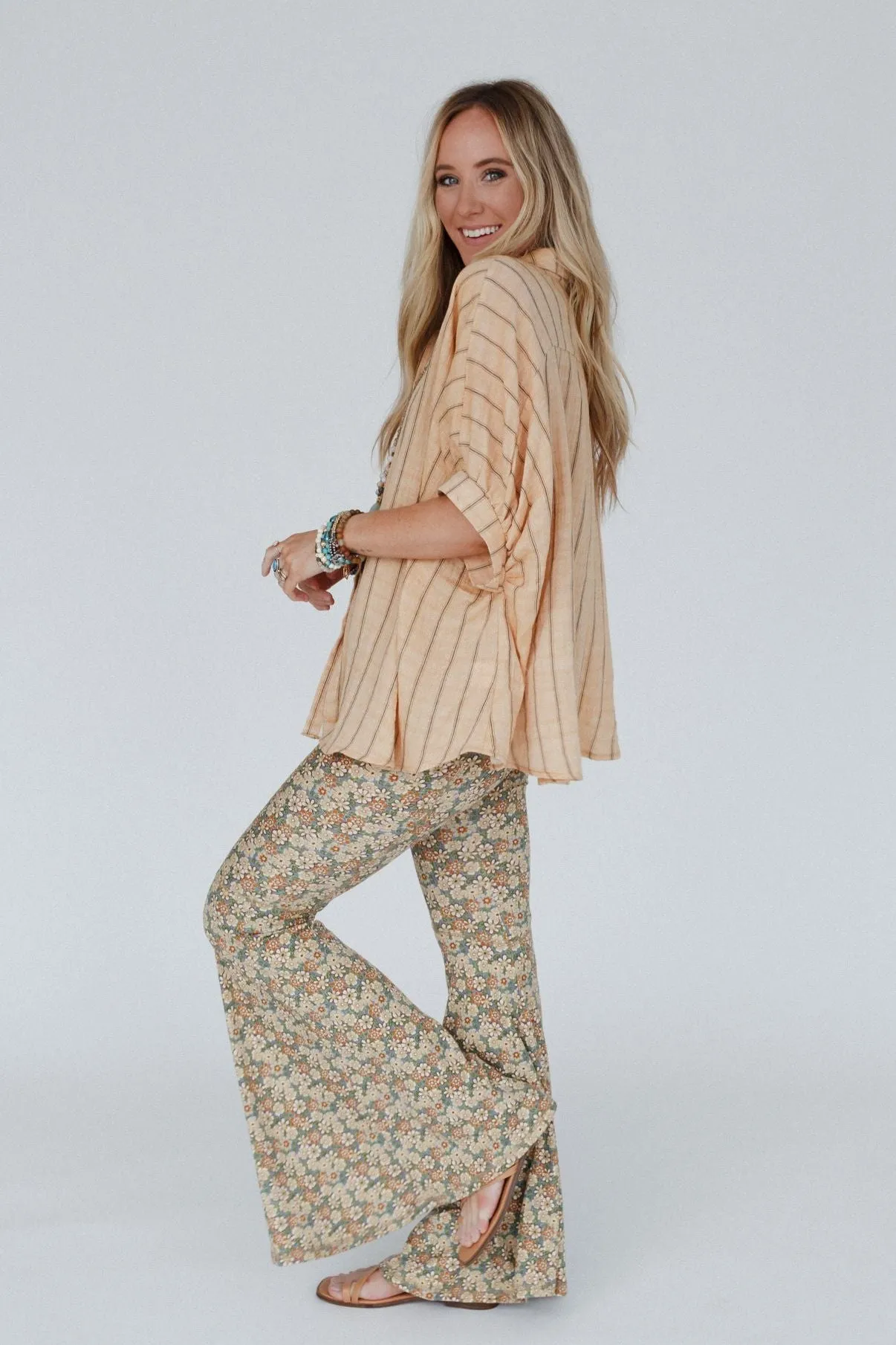 The Nest Dream in Flowers Flare Pants - Denim Khaki
