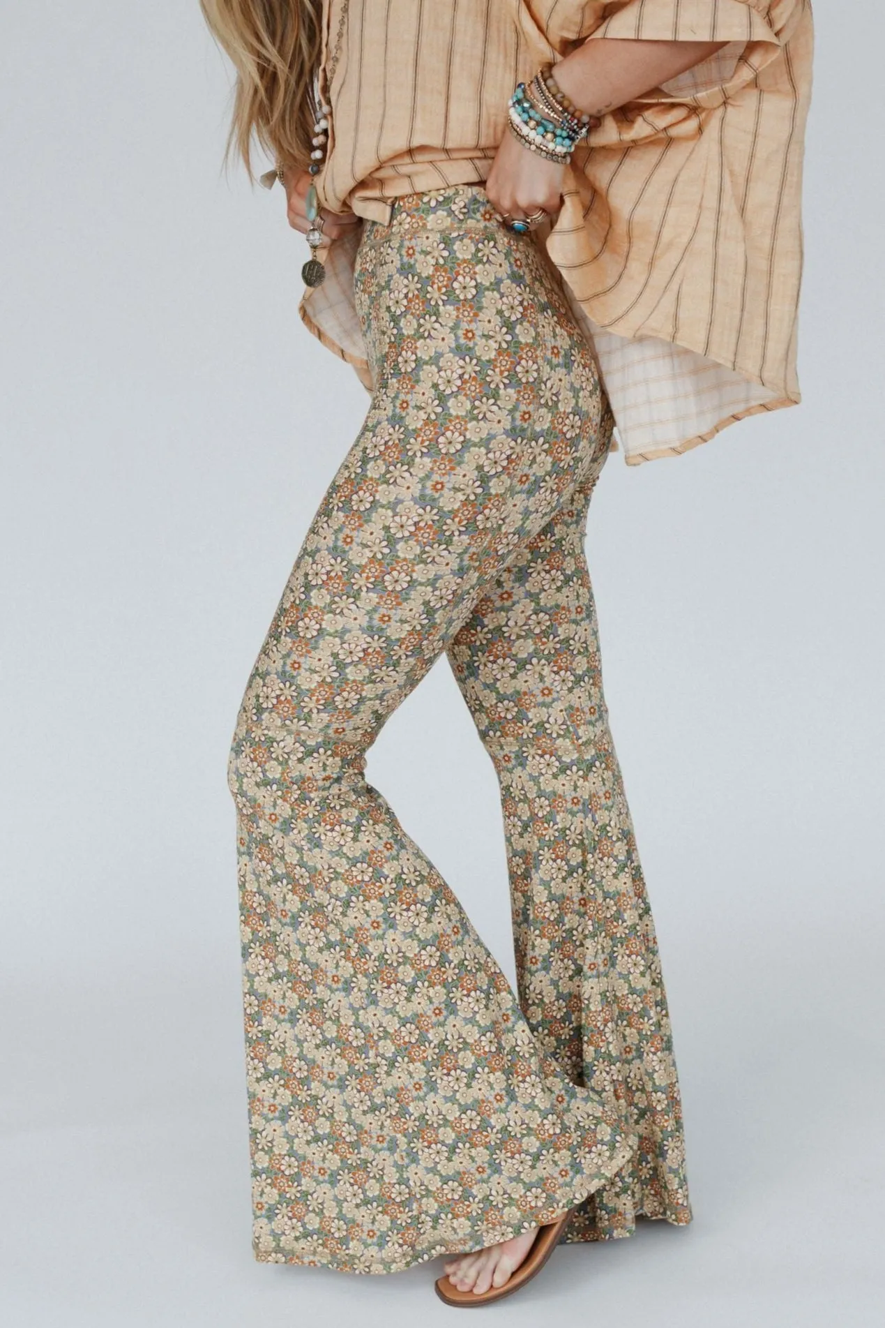 The Nest Dream in Flowers Flare Pants - Denim Khaki