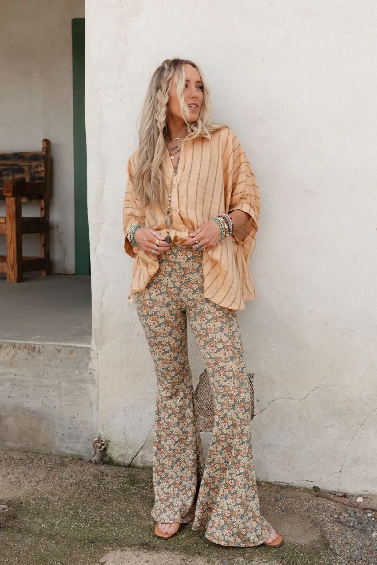 The Nest Dream in Flowers Flare Pants - Denim Khaki