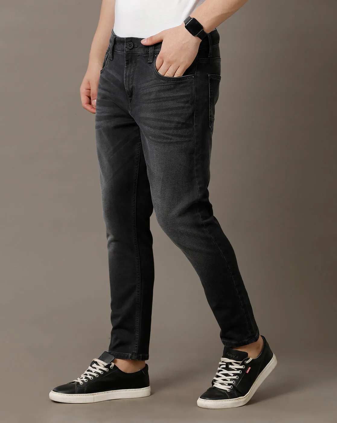 Voi Jeans Mens Black Track Skinny Cropped Cotton Poly Jeans