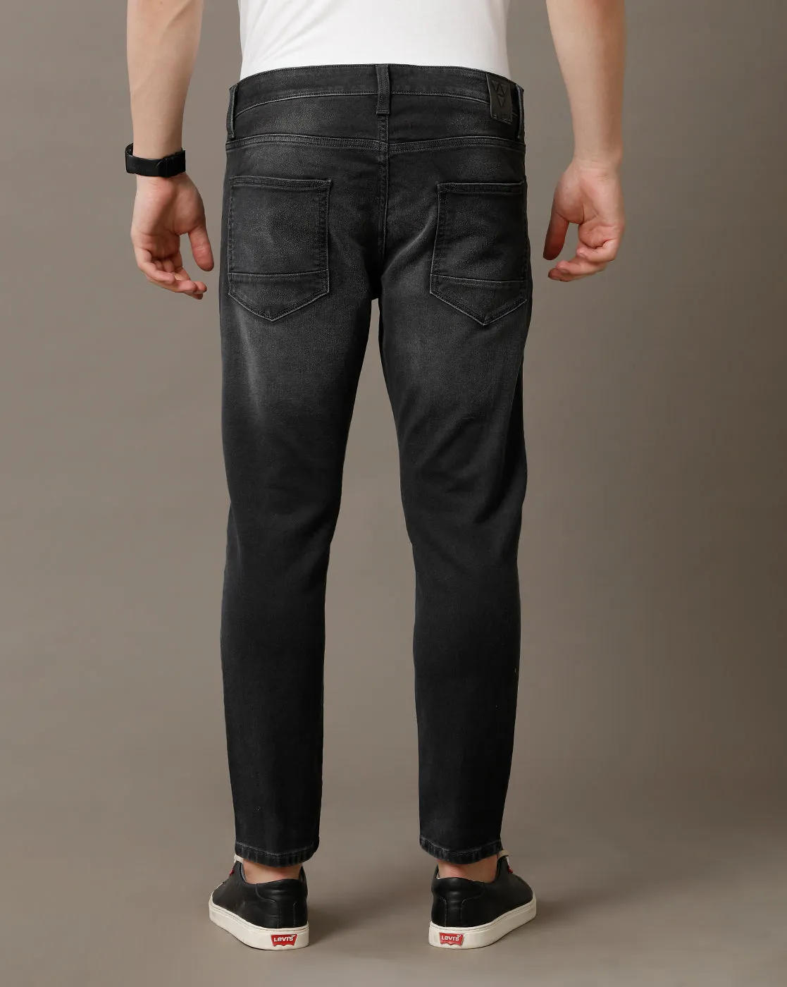 Voi Jeans Mens Black Track Skinny Cropped Cotton Poly Jeans