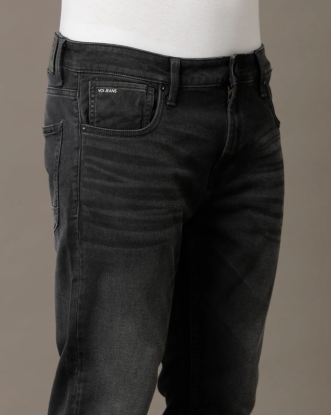 Voi Jeans Mens Black Track Skinny Cropped Cotton Poly Jeans