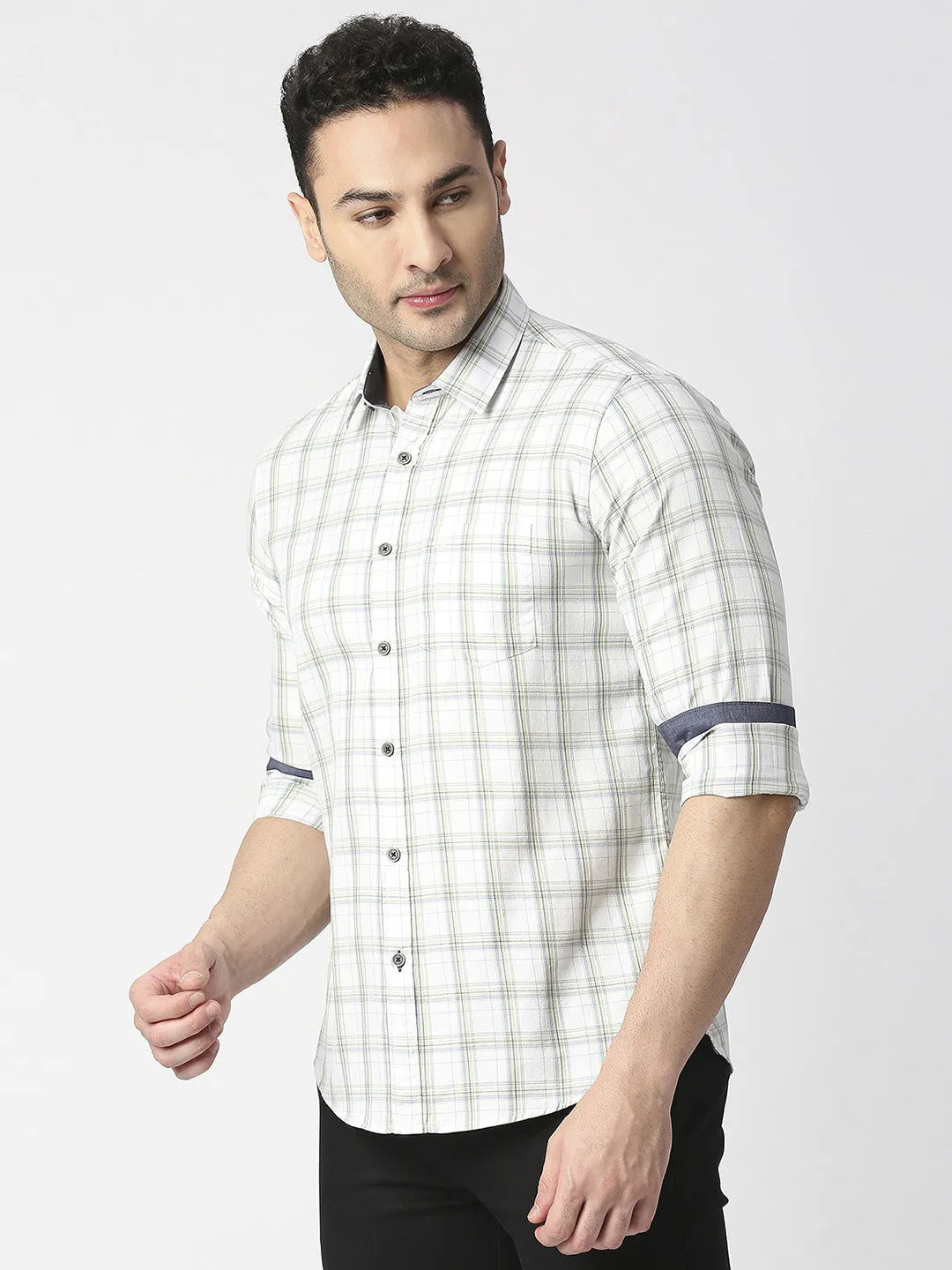 White Twill Checked Shirt With Pocket
