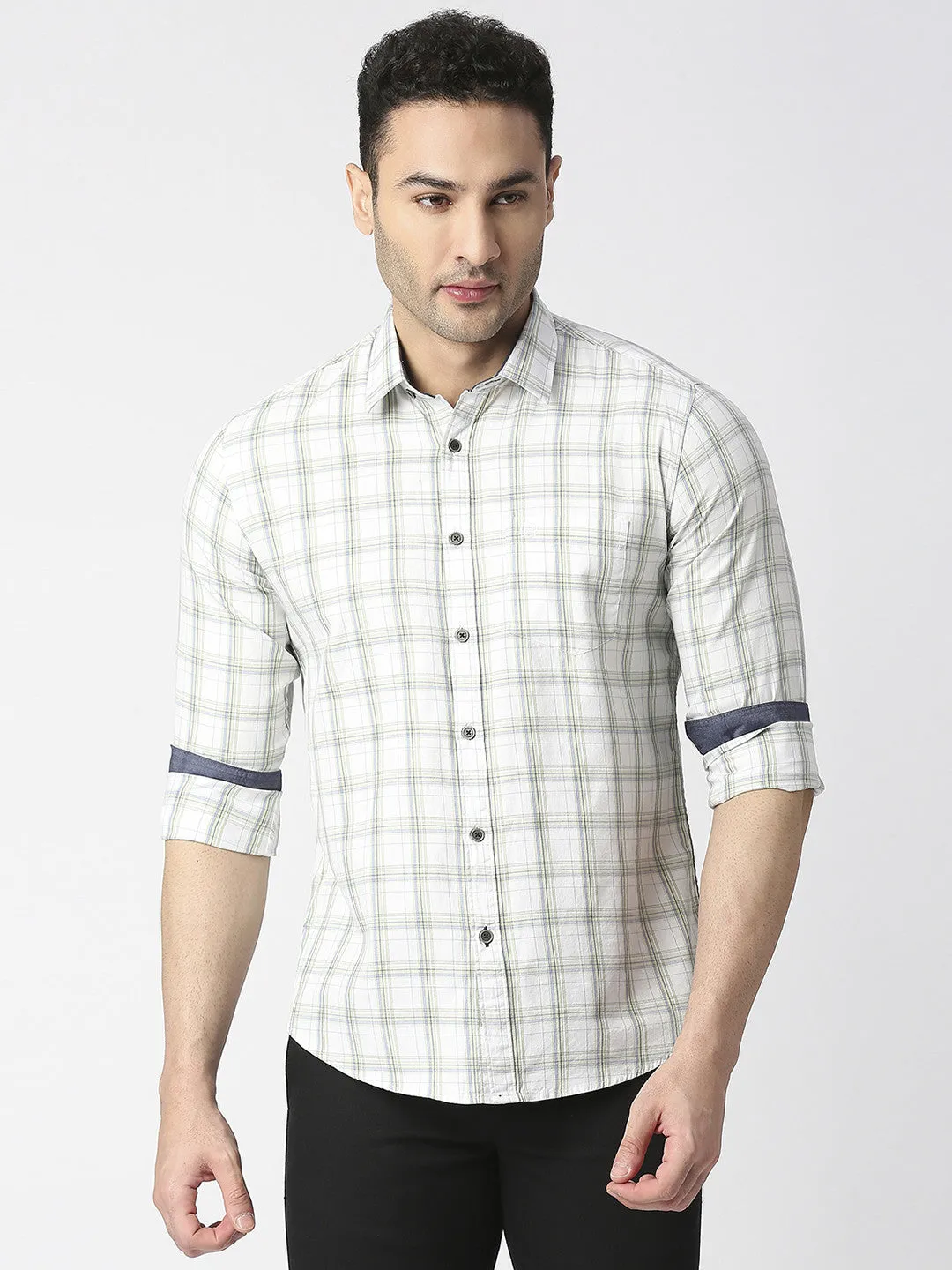 White Twill Checked Shirt With Pocket