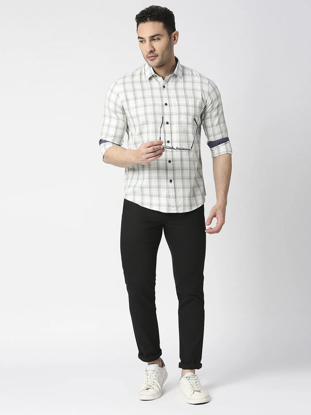 White Twill Checked Shirt With Pocket